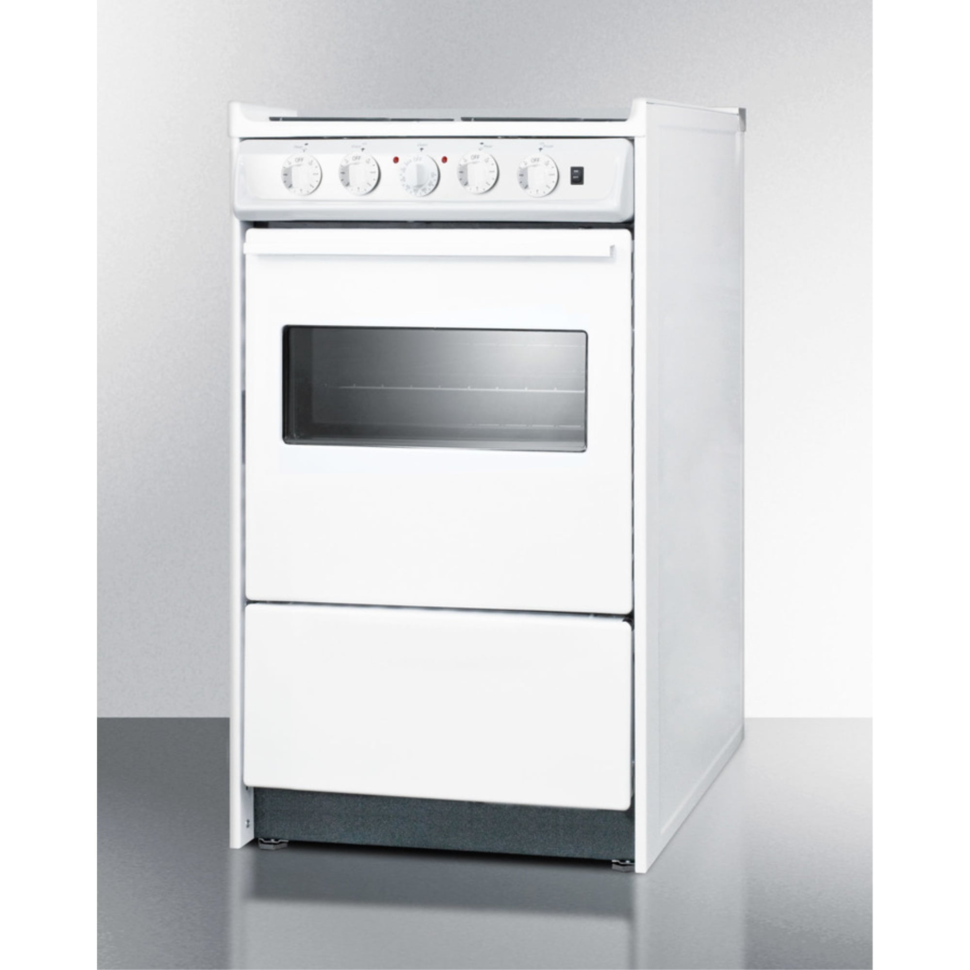 20" wide slide-in style electric coil top range in white with oven window