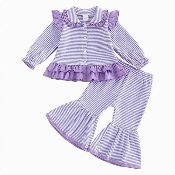 yboeqw Toddler Girls Clothing 2 Piece Stripe Print Long Sleeve Ruffle Shirt Top Wide Leg Pants Sets Fall Winter Outfits,Size 3-4 Years