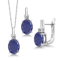 Gem Stone King 6.20 Ct Blue Lapis White Diamond 925 Sterling Silver Pendant and Earrings Jewelry Set