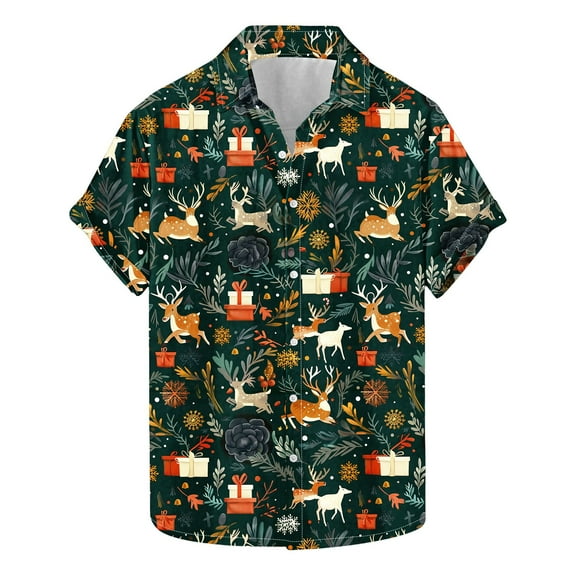 Men's Hawaiian Xmas Shirt Christmas Snowman Blouse Button Down Short Sleeve Shirts Snowflakes Printed Pullover Christmas Tree Shirt Festival Holiday Shirts Xmas Party Costume