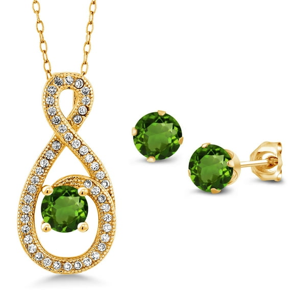 Gem Stone King 2.10 Ct Green Chrome Diopside 18K Yellow Gold Plated Silver Pendant and Earrings Jewelry Set