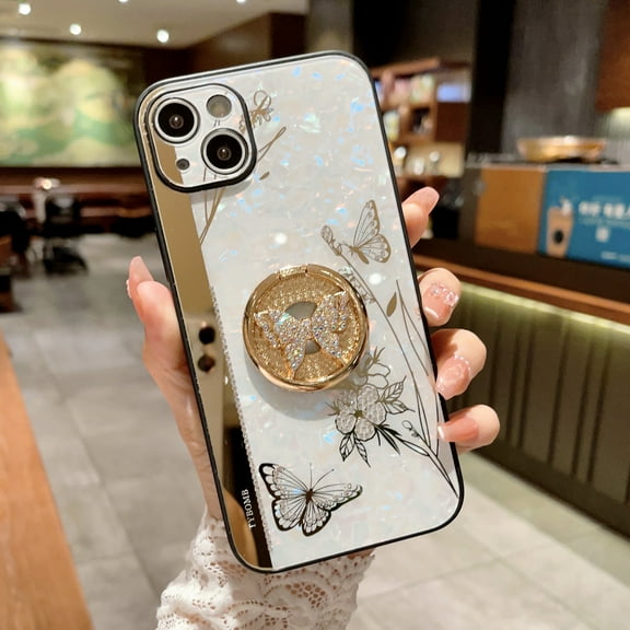 Nalacover Kickstand Case Compatible with iPhone 11 Bling Case Girls Women Back Mirror Sparkle Glitter Diamond 3D Butterfly Design Soft TPU Bumper for iPhone 11 6.1 inch, White