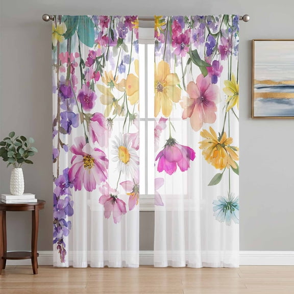 Pink Flowers Sheer Curtains 72 Inch Length 2 Panels Set Window Treatments, Spring Floral Elegant Pastoral Watercolor Rod Pocket Semi Curtains for Living Room/Bedroom/Kitchen Décor, 104"W x 72"L