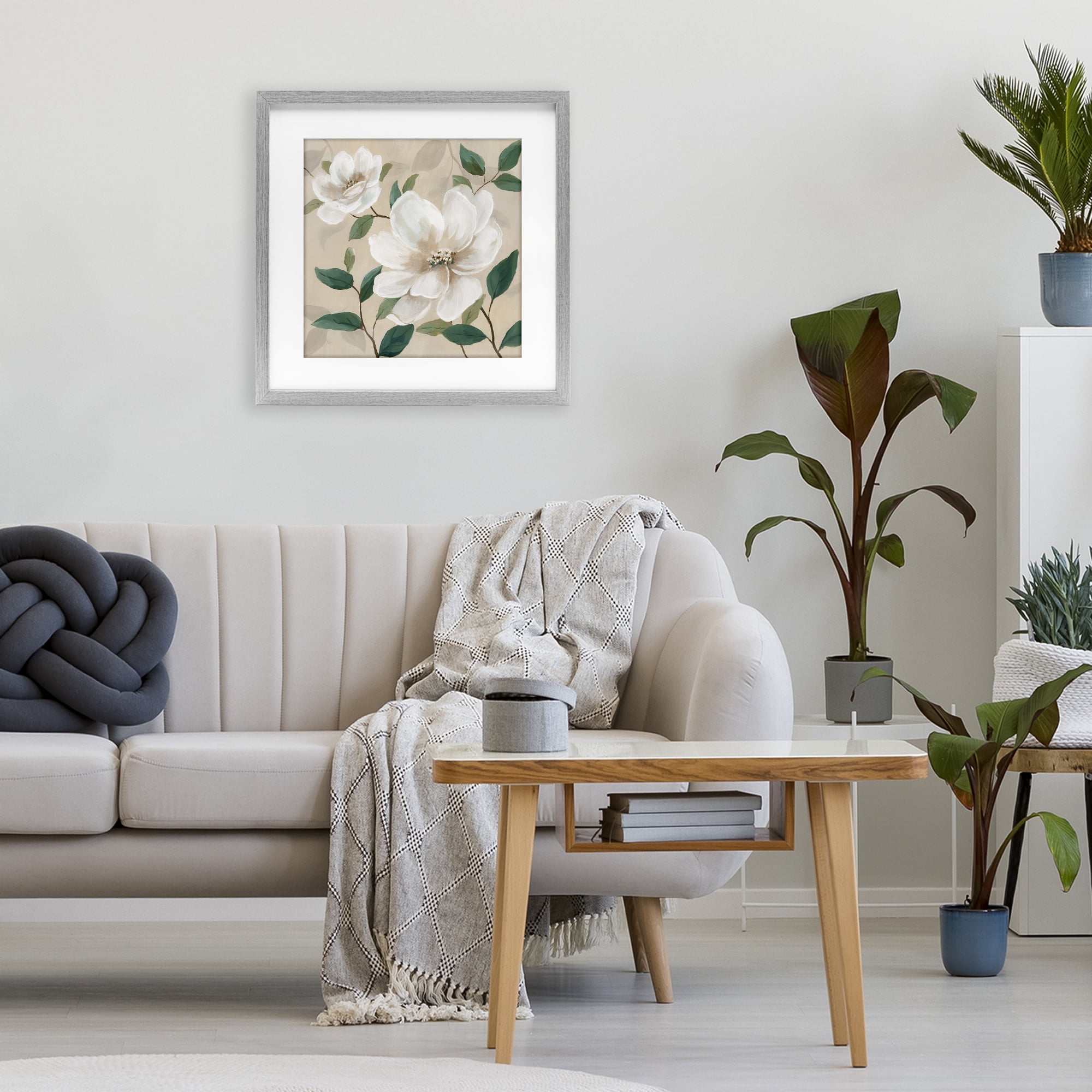 Stupell Industries Serene White Blossom with Leaves Gray Framed Print Under Glass, design by Nan