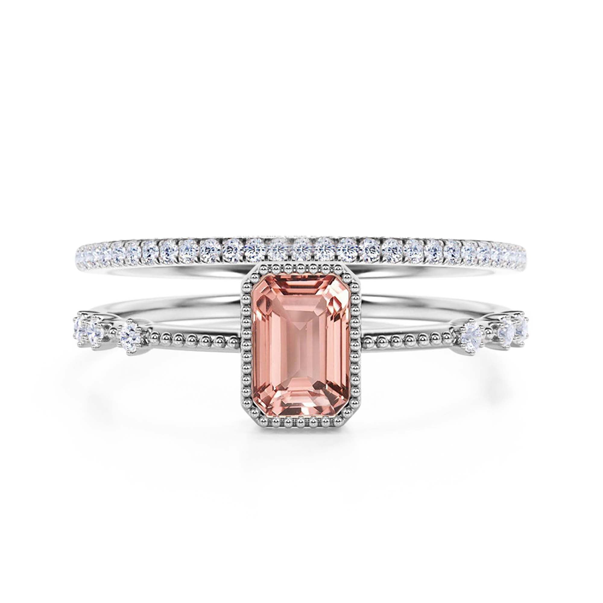Bridal 1.75 Carat Emerald Cut Morganite & Moissanite Bridal Set in 925 Sterling Silver with 18k White Gold Plating
