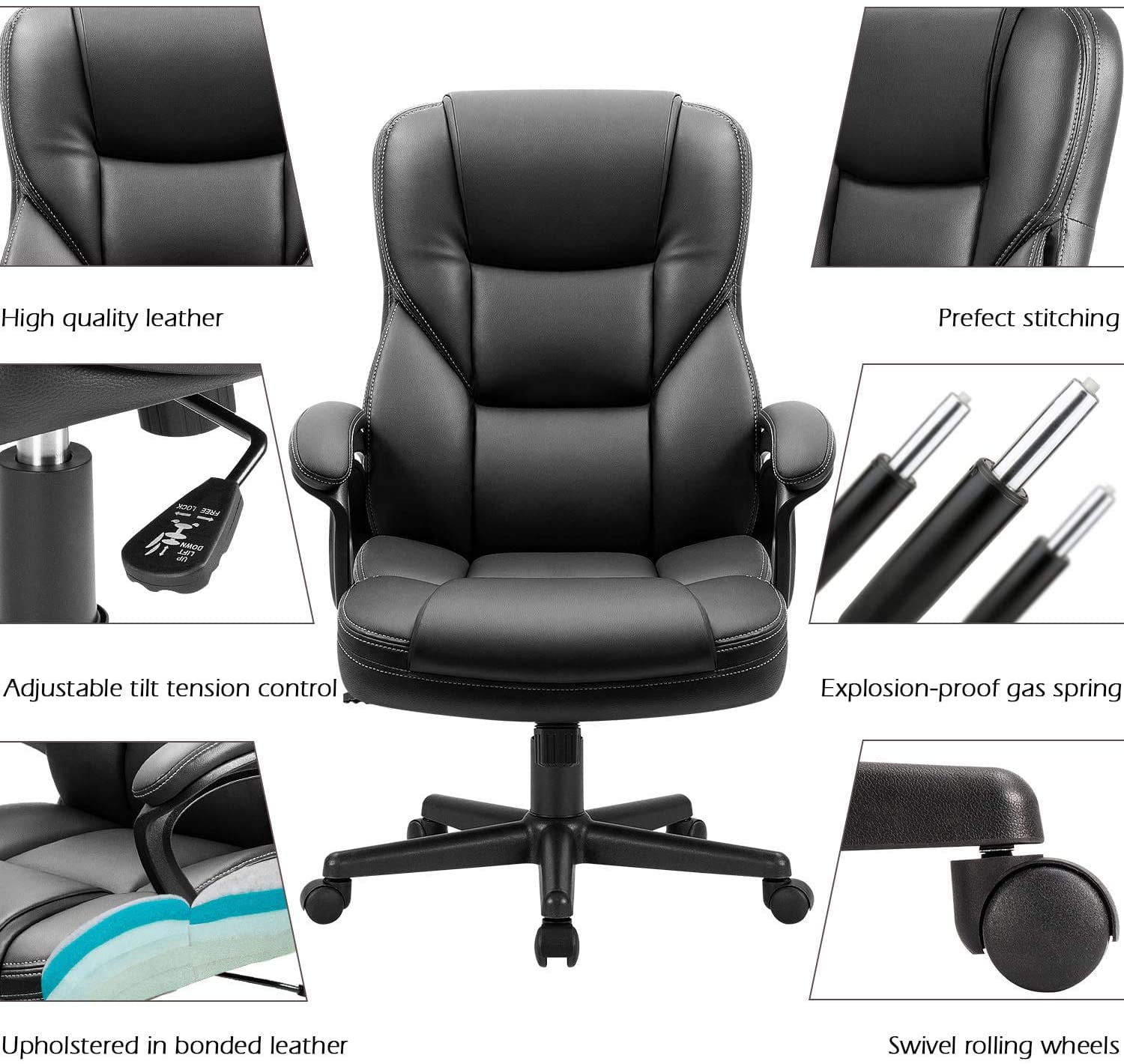 Black IMUsee Office Computer Desk Chair with High Backrest and Padded Armrests/Ergonomic Adjustable Height PU Leather Executive Chair with Lumbar Support for Dorm Home Office 