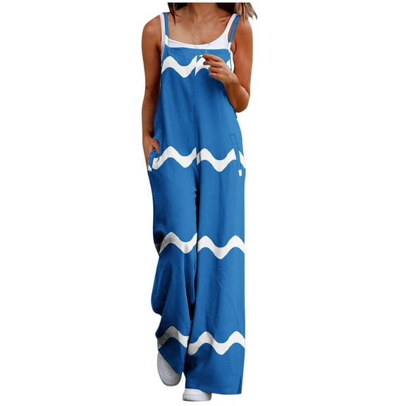 Olyvenn Jumpsuits for Women Loose Casual Overalls Boho Wave Stripe Print Sleeveless Wide Leg Pant Rompers with Pockets Summer Outfits Blue 8