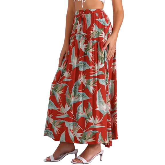 DARING DIVA Women's Floral Skirt Elastic High Waist A-line Maxi Boho Skirts XS Red