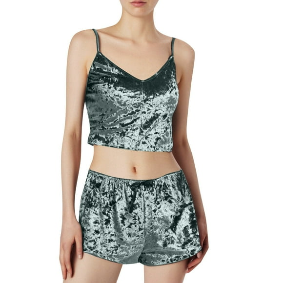 Womens Sexy Velvet 2 Pajamas Tall Women Pieces Romper Outfit Sleeveless Floral Sleepwear for Women Crop Top Camisole + Shorts Sleeve Shorts