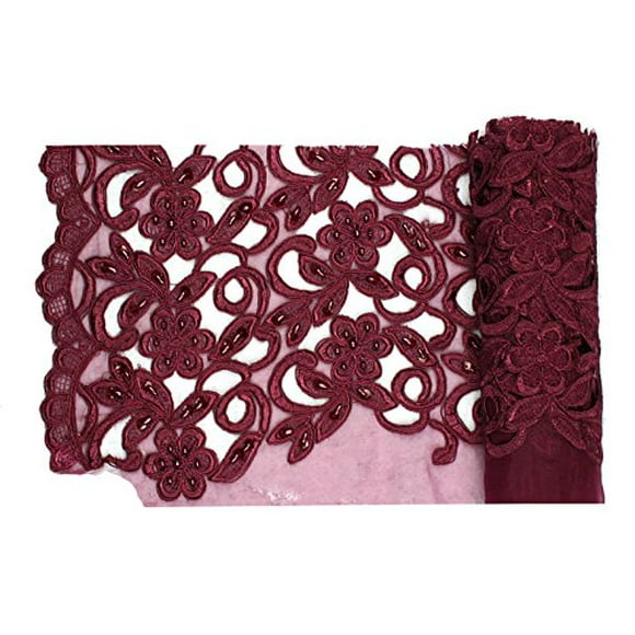 Altotux 52" Two Tone White Blue Green Pink Handsewn Beaded Corded Floral Embroidery Scalloped Fabric Textile Supplies By Yard (Burgundy)