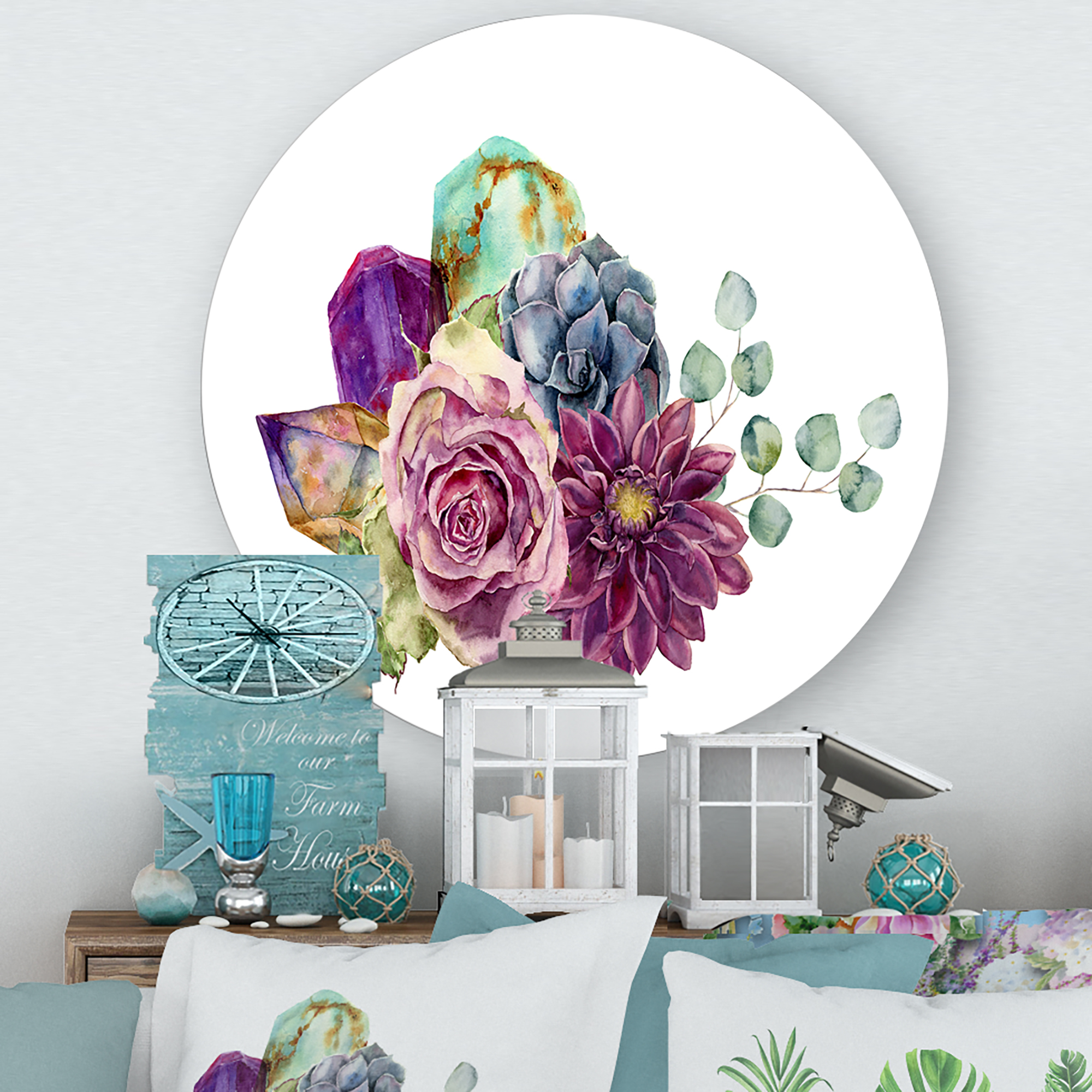 Designart 'Bouquet of Succulents Eucalyptus With Flowers' Traditional Circle Metal Wall Art 23x23 - Disc of 23