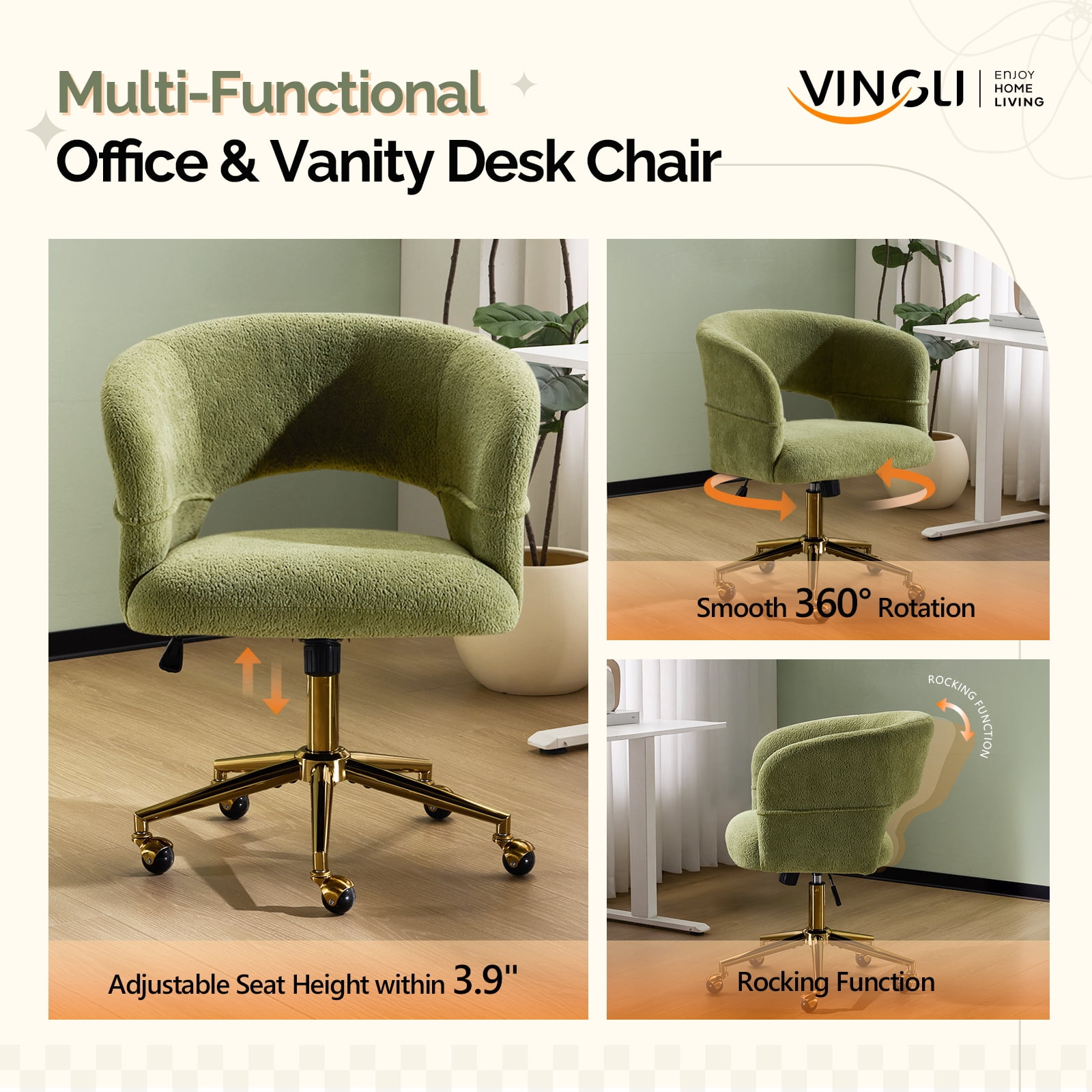 UBesGoo Modern Swivel Accent Chair, Flannel Makeup Vanity Chair, Highly Adjustable Desk Chair for Living Room Dorm Office, Green