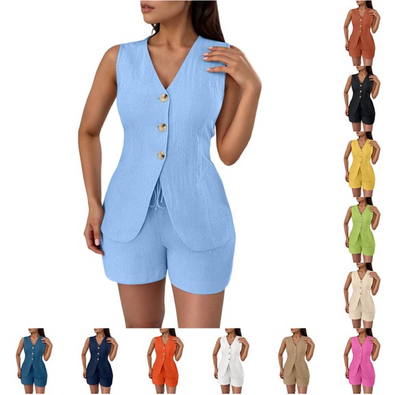 VNKIDY Womens V Neck Solid Color Textured 2 Piece Office Set Business Casual Regular Fit Button Front Sleeveless Vest High Waist Straight Shorts For Ladies XL