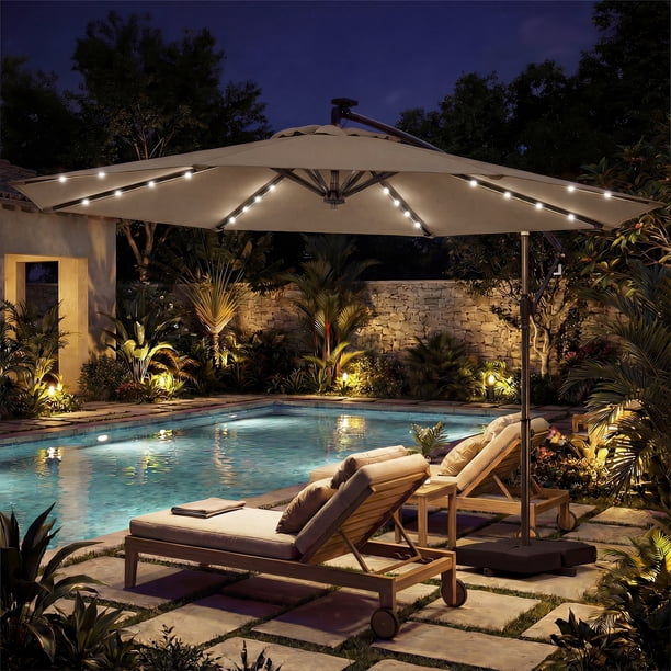 10 hanging patio umbrella brown colors 10 ft Solar LED Offset Cantilever Patio Umbrella Hanging Outdoor Market Umbrella-Brown