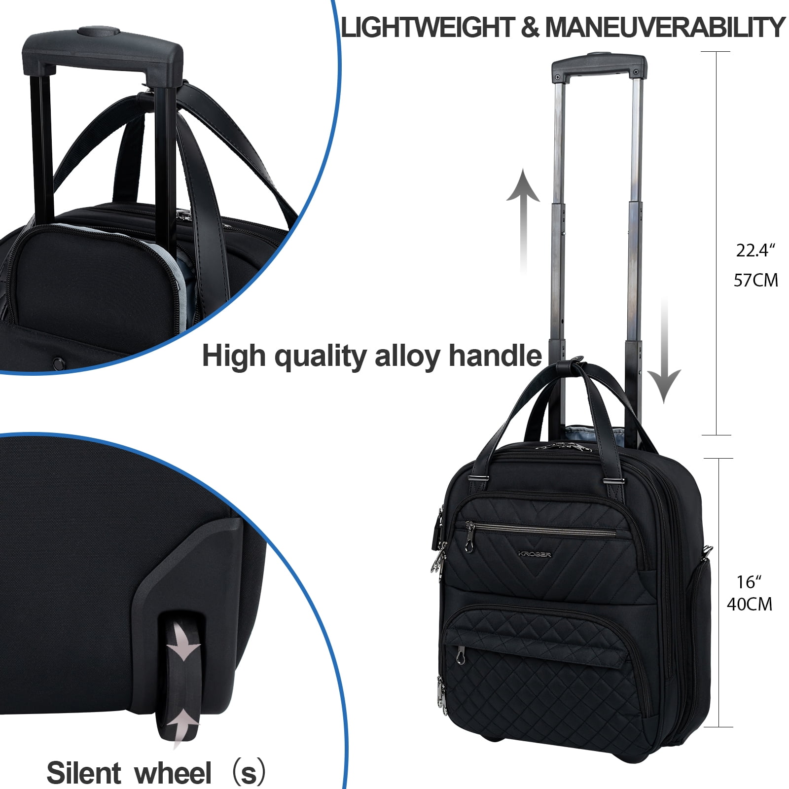 KROSER 16-Inch Quilt Softside Underseat Carry On Luggage , Black