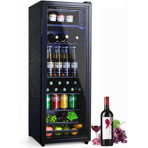 GGTB 4.5 Cu.ft Beverage Refrigerator with Glass Door, Mini Fridge with Freezer Compartment, 7 Temperature Settings, Adjustable Shelves for Soda Beer Wine, for Home Office Bar, Black