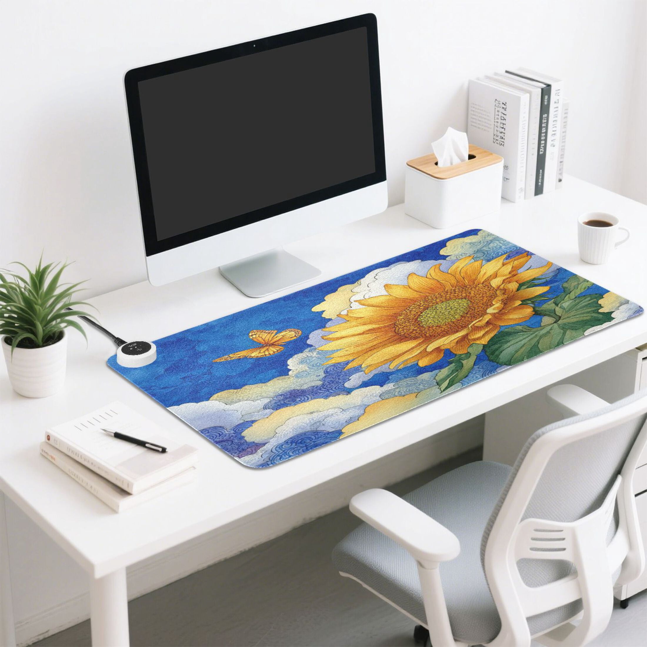 Large Heated Desk Mat Mouse Pad 31.5"x13"PU Leather Graphene Heating Desk Warmer with 3 Temperature Settings 110V US Plug Non-Slip Warm Pad for Home, Office, and Gaming Beautiful Sunflower in The Sky