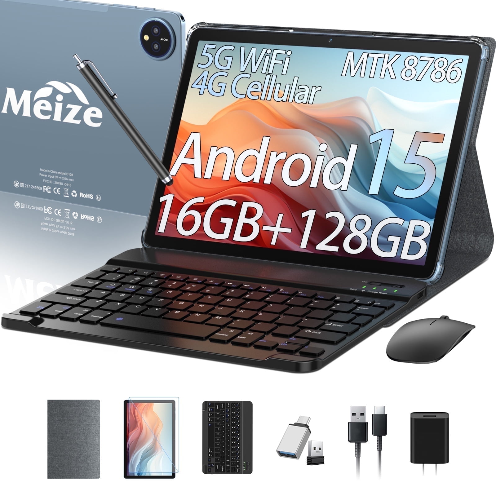 11inch Android 15 Tablet,128GB ROM 16GB RAM,Android Tablet,5G WiFi+4G Cellular,MTK8786 2.0Ghz Octa-Core Tableta,21MP Dual Camera,GPS,BT5.0,8000mAh,Tablet with Keyboard,4G LTE Tablet for T-Mobile