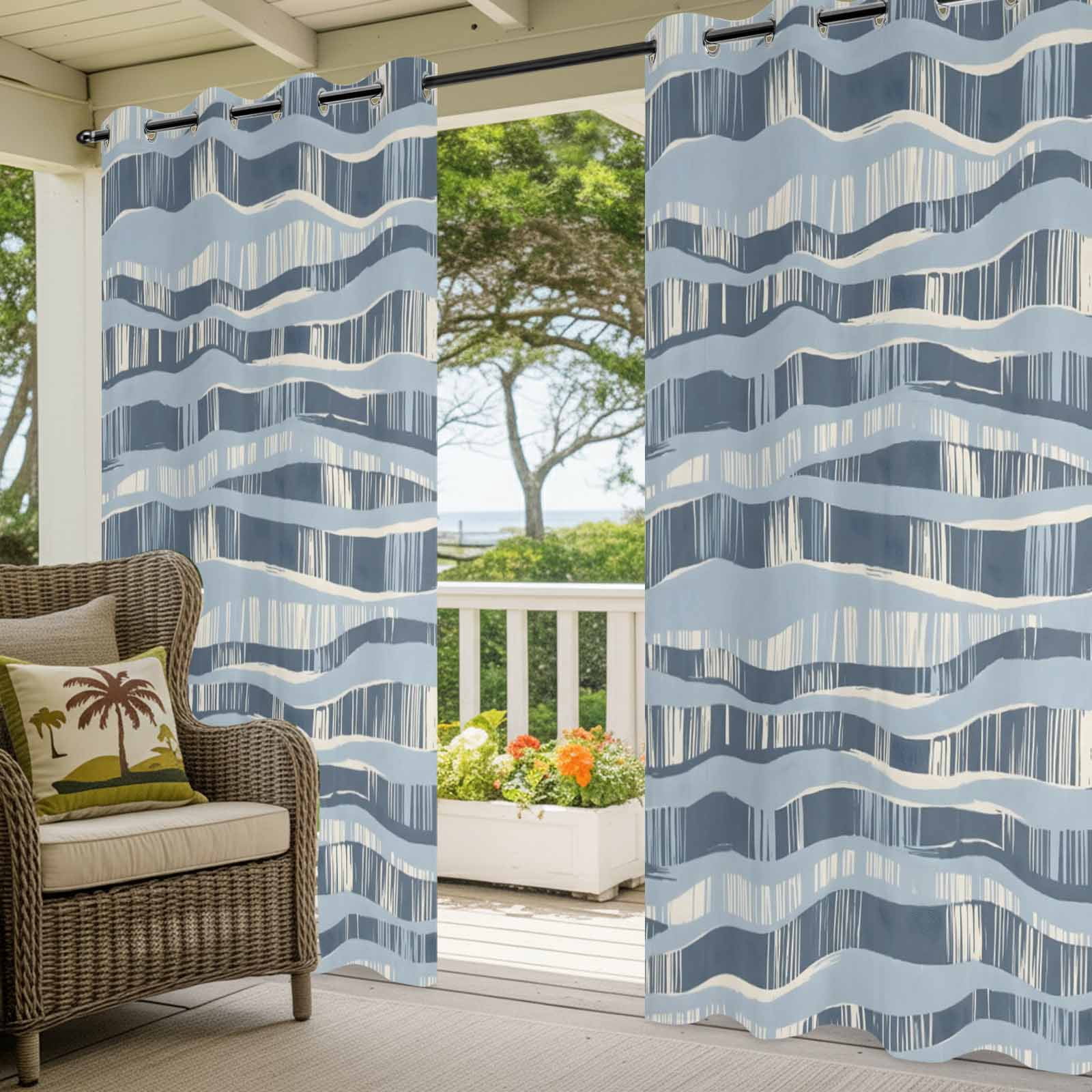 Blue Waves Outdoor Curtains for Patio, Coastal Abstract Indigo Curvy Lines Sunshade Privacy Drapes Grommet Waterproof Outside Curtains for Porch/Cabana/Balcony 54"x 108", 1 Panel