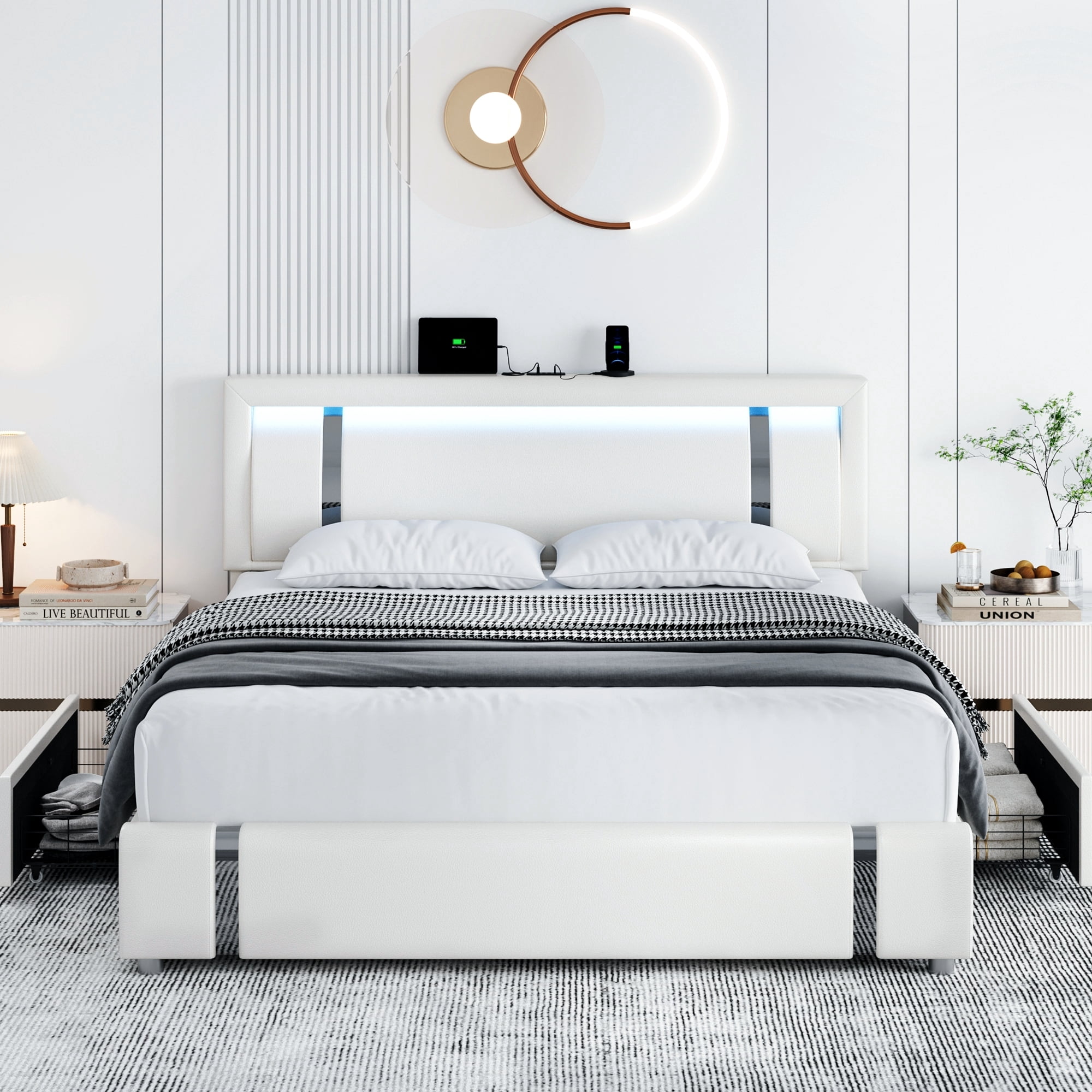 Homfa Full Size LED Bed Frame with 2 Storage Drawer & Charge Station, PU Low Profile Upholstered Platform Full Bed with Adjustable Headboard, White