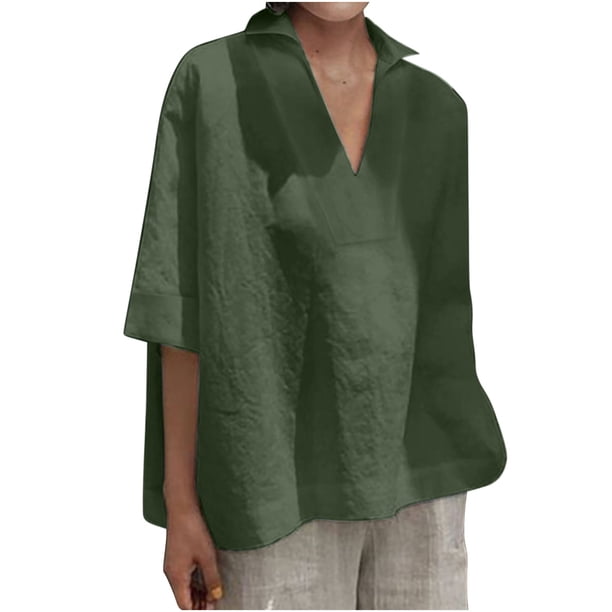 Blusa suelta de algodón con cuello en V y solapa de manga corta a la moda de verano para mujer OAVQHLG3B Store lin121212