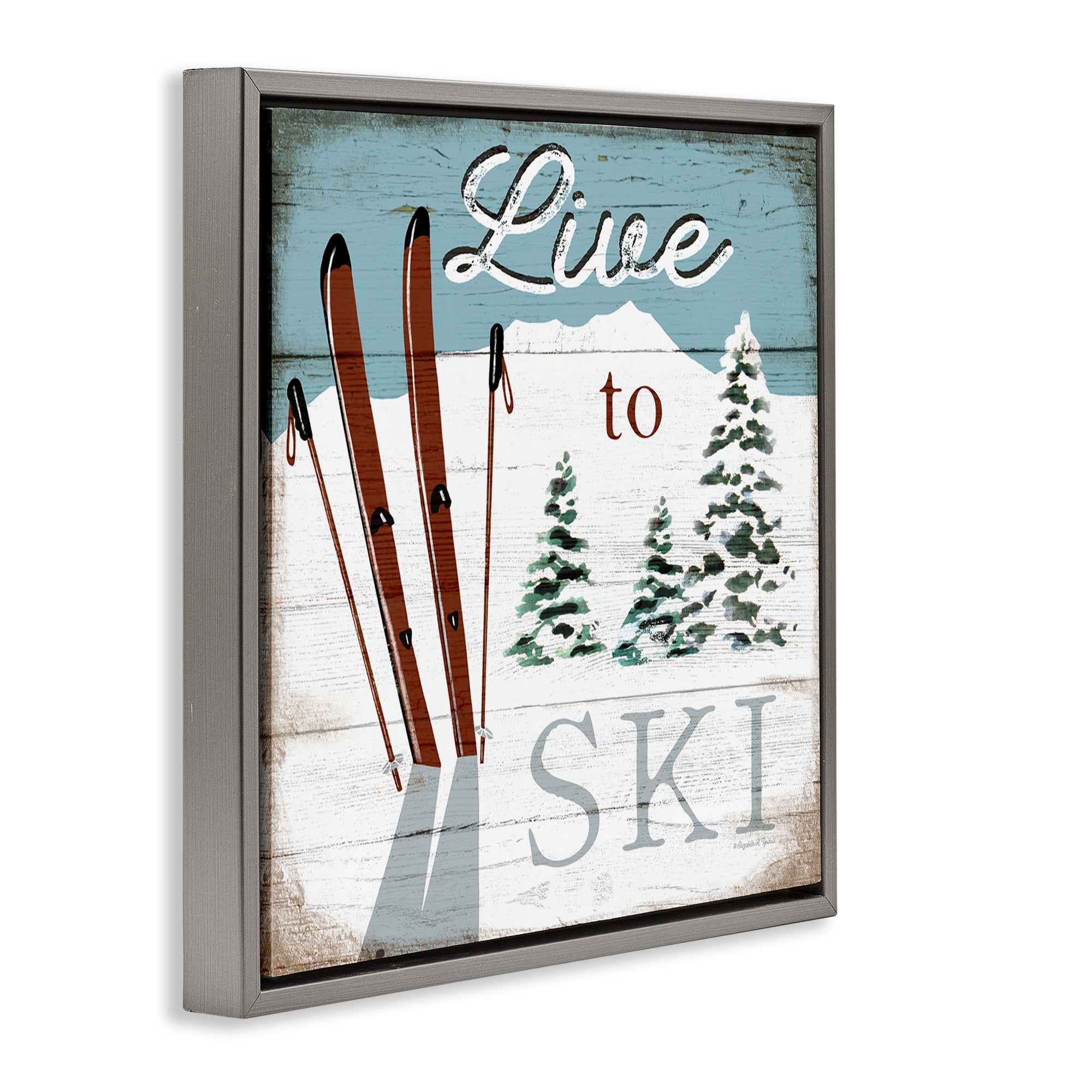 Stupell Industries Live To Ski Rustic Snow Sports Sports Painting Gray Floater Framed Canvas Art Print Wall Art, 25 x 25