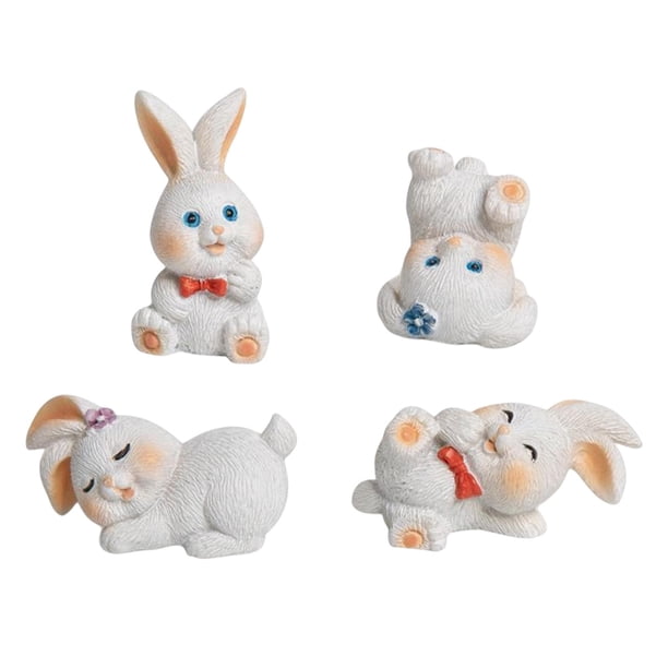 4 figuras de conejo en miniatura de resina para decorar el salpicadero del coche, para tartas y decoración del hogar. Blanco
