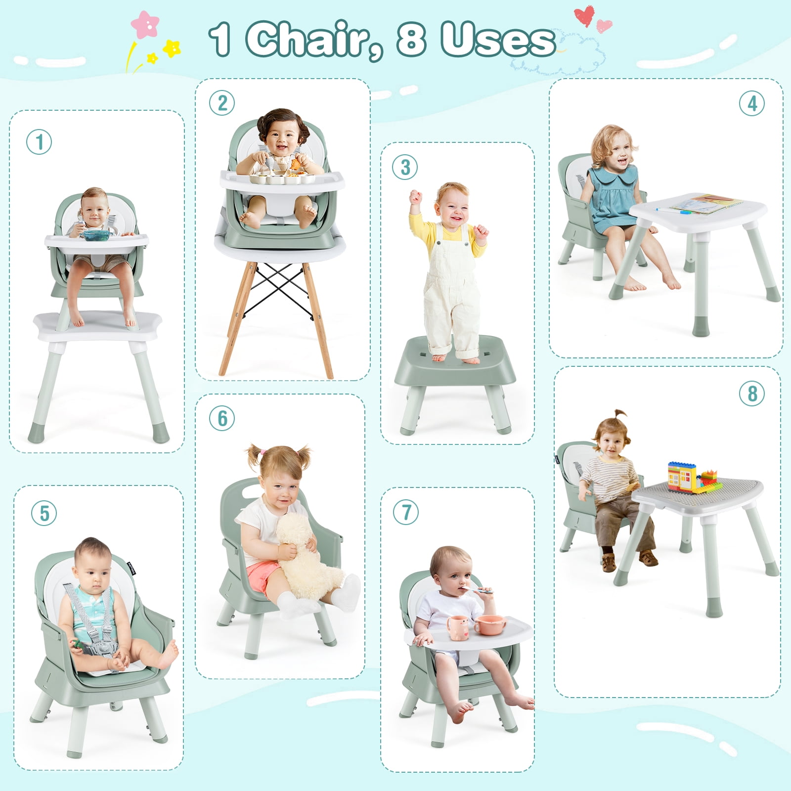 Infans 8-in-1 Baby High Chair w/ Double-layer Cushions Multifunctional Toddler Black