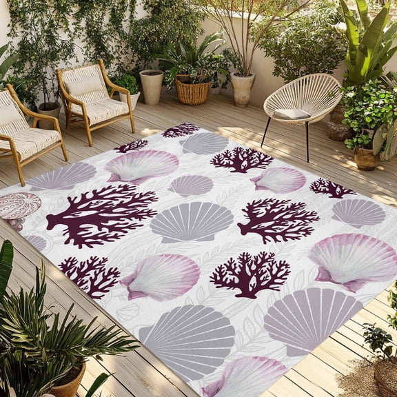 Shell Coral Coastal Outdoor Rug 4x6 Ft - Reversible Patio Rug Outdoor Camping Rugs, Nautical Summer Beach Ocean Sea Washable Indoor Outdoor Area Rugs, Non-Slip Outdoor Carpet Runner for Deck/Porch