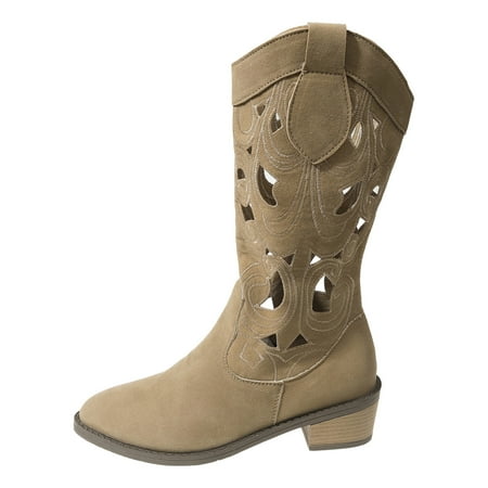 

Jungdeepe Ladies Autumn Winter Casual Retro Solid Color Hollow Pointed Head Thick Heel Large Size Mid Calf Boots Long Boots Narrow Calf Leather Boots for Women Bog Boots Women Mid Calf Tan Boots for