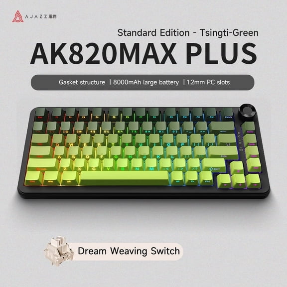 AK820 plus Gradient Green Wireless Mechanical Keyboard, BT, 2.4G, Wired Connection, Full Key Hot Swap, Side Engraved Keycaps, 0.87” TFT Color Screen, Full Color RGB Backlighting