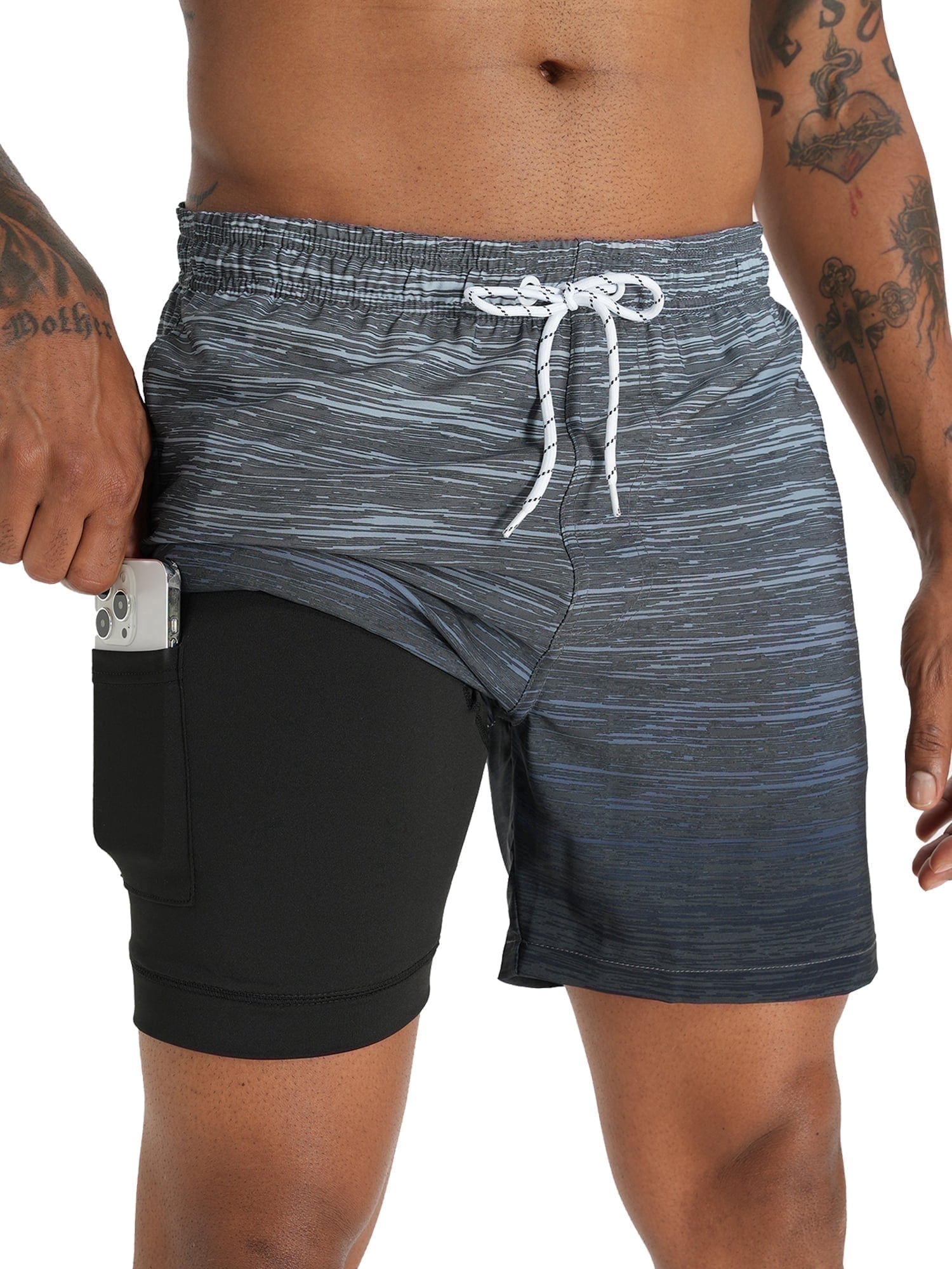 APTRO Men's Swim Trunks with Compression Liner, Gradient Gray photo 1
