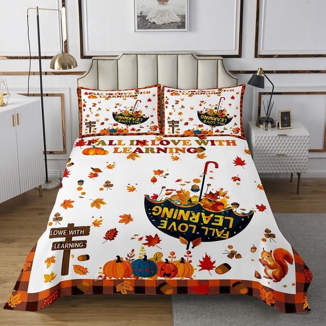 YST Ensemble de Courtepointe de l\'Action de Grâce Joyeux Format Très Grand, Ensemble de Couvre-Lit Citrouille de Récolte d'Automne Format pour Garçons Filles Ados Adulte Chambre, Ensemble de Couvre-Lit Feuilles d'Érable d'Automne Ensemble de Lit Rustique de Style Ferme