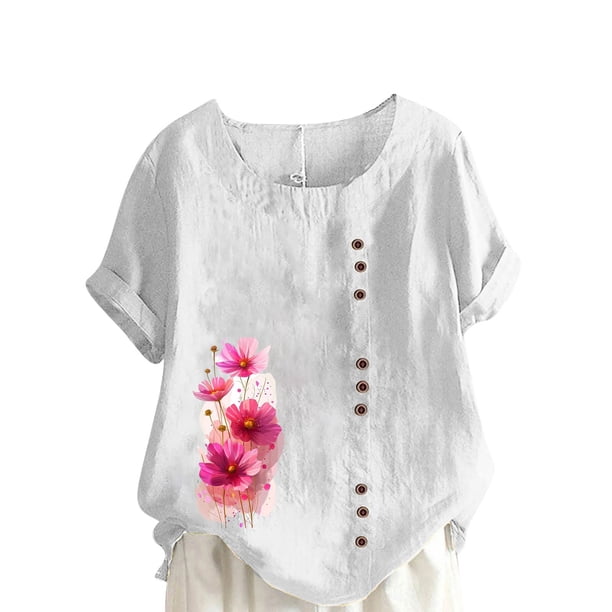 Camisetas de Manga Corta para las Mujeres Impreso Botón de Manga Corta Camiseta Blusa Poliéster, Ropa Casual Mirar Superior para las Mujeres