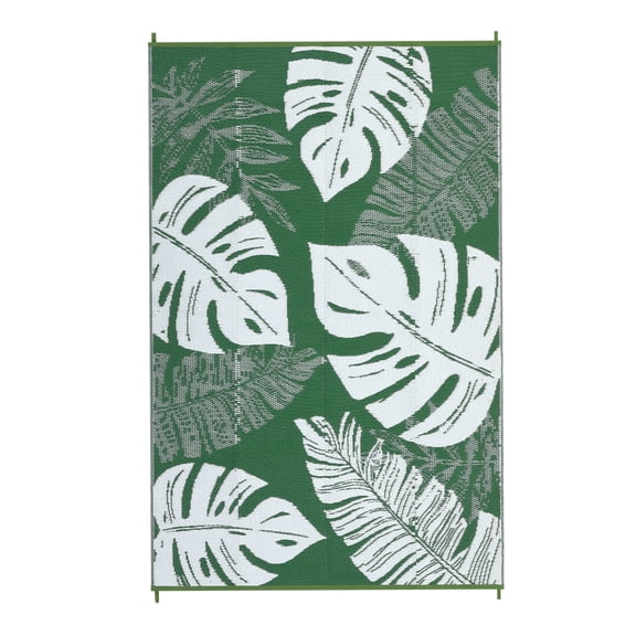 EastVita 9 X 12 ft Plastic Green White Rectangular Beach Front Porches Patio Picnic RV Camping Garage Wide Leaves Modern Area Rug