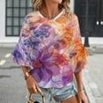 thumbnail image 3 of Abstract Purple Orange Flowers Women's V-Neck Blouse With 3/4 Ruffled Bell Sleeves Casual Top Ladies Blouses, 3 of 7