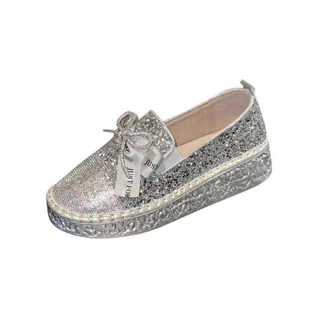 Silver Loafers For Ladies Rhinestone Bow Round Toe Slip On Thick Sole Spring Summer Casual Comfortable Leisure Outdoor Everyday Shoes Size 40