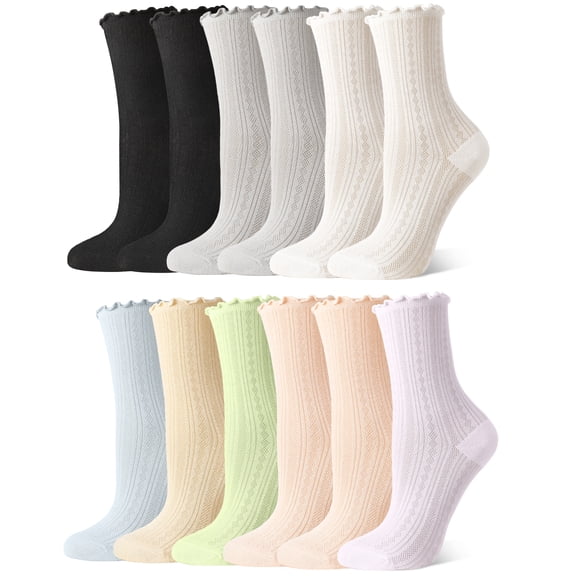 Bocaoying 12 Pairs Women's Thin Breathable Mesh Ruffle Socks, Soft Cotton Lettuces Edge Crew Socks, Mid-Calf Socks for Casual Daily Wear, Size 5-9, Multicolor