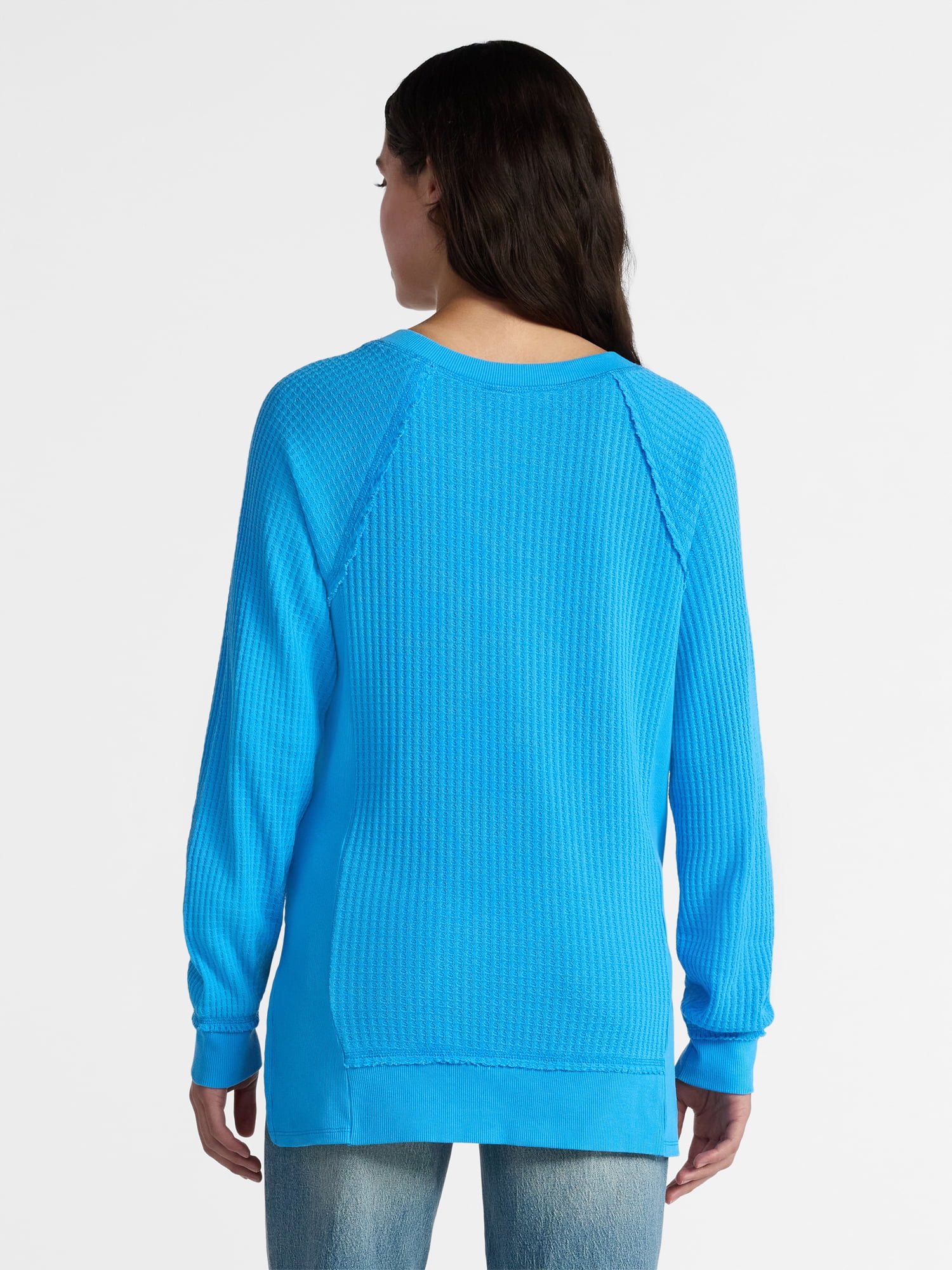 Time and Tru Women's Waffle Knit Tunic V-Neck Sweatshirt with Long Sleeves, Sizes XS-3XL
