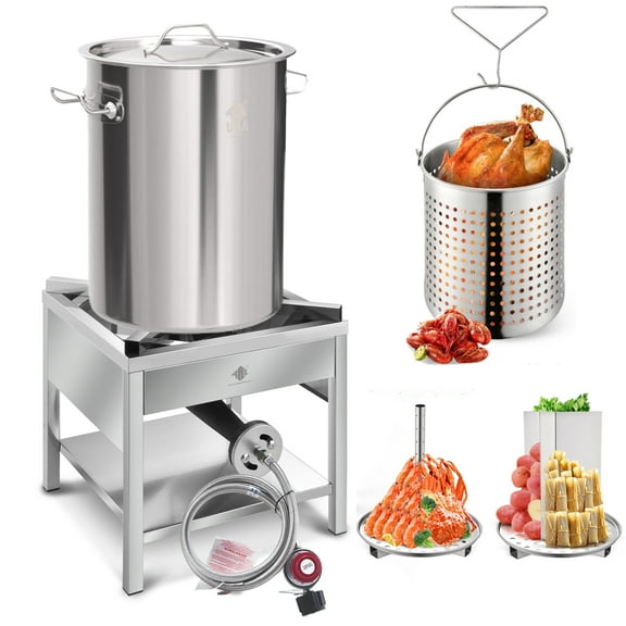 32QT Stainless Steel Pot with 200,000 BTU Propane Burner - Seafood Boil Pot, Crab Boil Pot, Lobster Pot, Shrimp Boil Pot, Tamale Steamer Pot with Basket and Turkey Fryer Burner