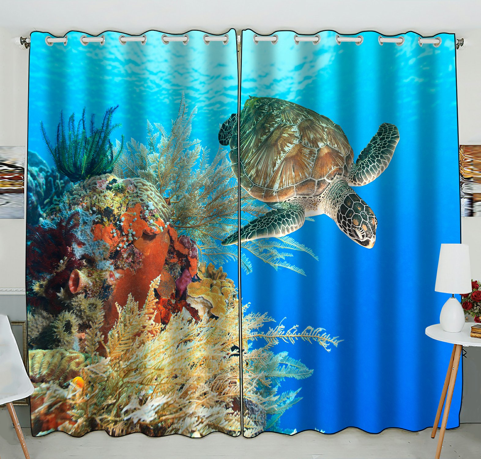 Phfzk Ocean Window Curtain, Underwater World Sea Turtle And Coral Reef