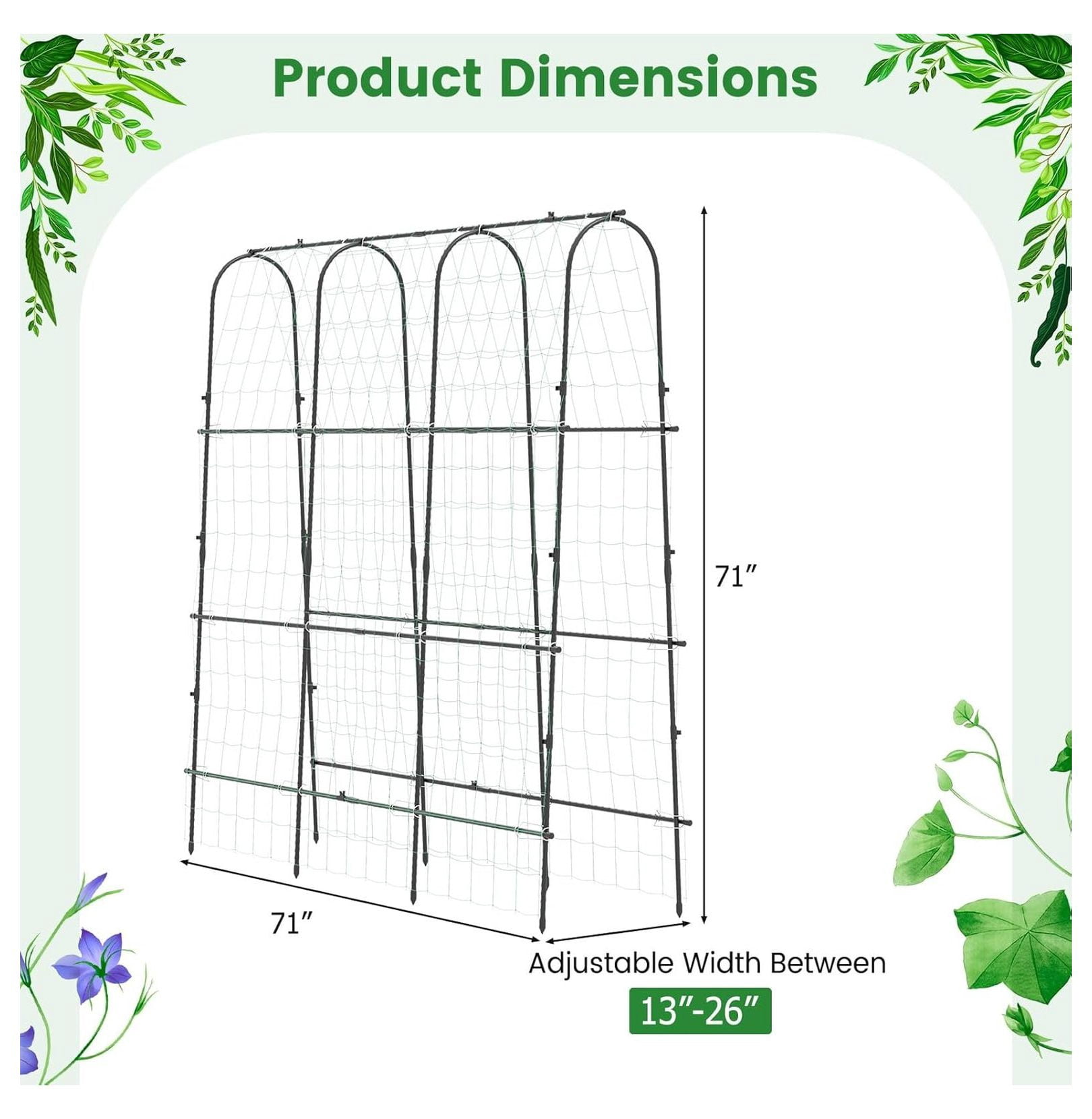 71" x 71" Cucumber Trellis for Raised Bed, Garden Arch Trellis Metal Plant Support Frame with Netting, Sure-Clips & Ground Stakes, U-Shaped Garden Trellis for Climbing Plants Outdoor