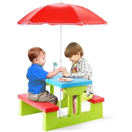 Kids Picnic Table, Toddler Plastic Outdoor Table & Bench Set With Umbrella, Children Patio Furniture Set For Backyard Garden, Kids Picnic Tables For Outdoors, Gift For Boys Girls Age 3