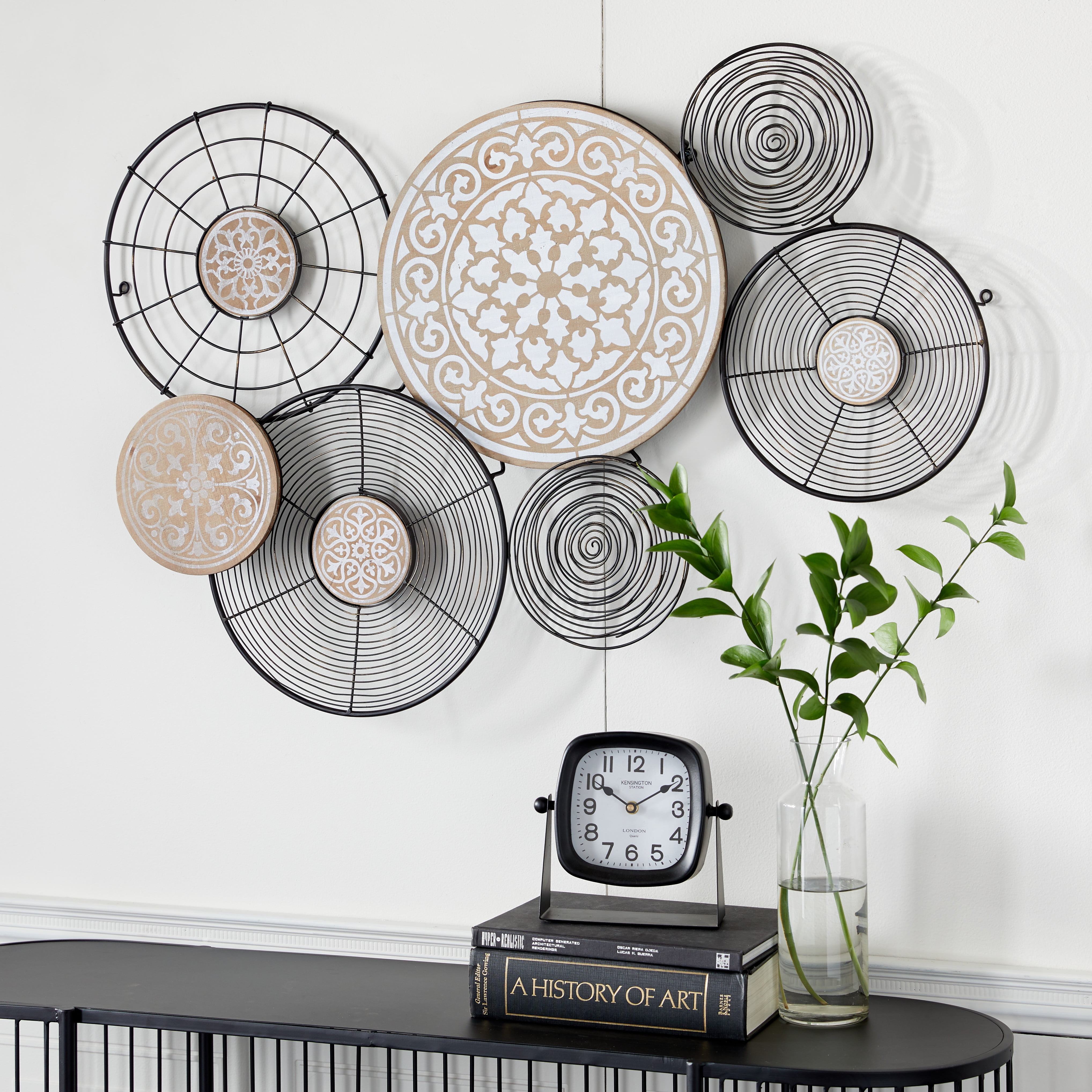 Decmode Large Round Black Metal Wall Décor With Wood