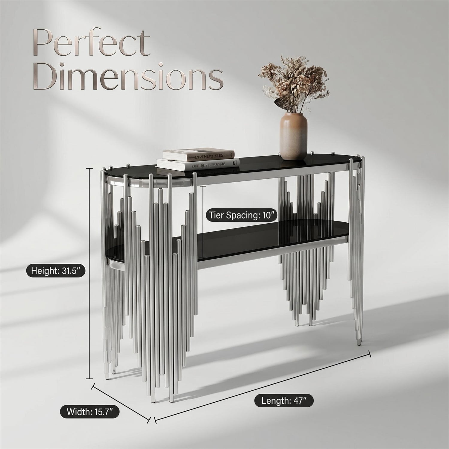 Hommoo Modern Oval Console Table with 2-Tier Tempered Glass Shelves & Polished Stainless Steel Frame, Luxury Entryway Table for Hallway, Living Room, or Behind Sofa, Black & Sliver