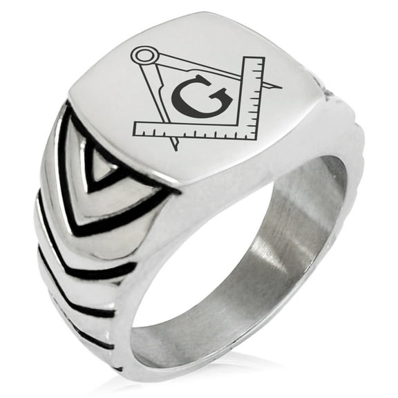 Tioneer Stainless Steel Freemasons Masonic Compass Chevron Pattern Biker Style Polished Ring