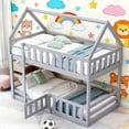 thumbnail image 2 of Bellemave Twin over Twin Size Bunk Bed with Ladder, Wooden House Bunk Bed Frame Guardrails Versatile Twin Bunk Floor Bed, Grey, 2 of 10