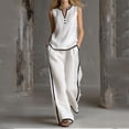 thumbnail image 2 of Women's Cotton Linen 2-Piece Outfit V-Neck Sleeveless Button Detail Top Wide Leg Pants Casual Summer Set White XXL(XXL), 2 of 6