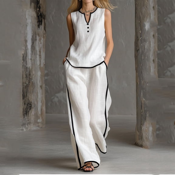 Cagogo Women's 2 Piece Sleeveless V Neck T-Shirt Wide Leg Pants Set Casual Boho Vacation Outfit Loose Summer Travel Matching Lounge Suits Tracksuit Clothes, White XL