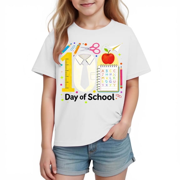 Riecok 100 Days of School Shirt Kids Girls Crewneck Celebration Tees Funny Colorful Printed Short Sleeve Tops